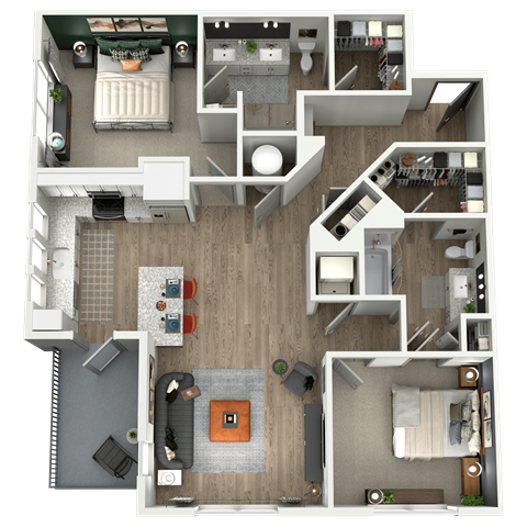 Floor plan for 2 beds, 2 baths, 1177 sqft